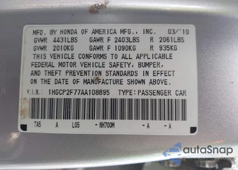 2010 Honda Accord 2.4 Ex из США, поврежденный, VIN 1HGCP2F77AA108895